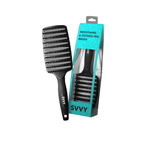 SVVY smoothing and detangling brush with ergonomic handle and silicone pins for efficient hair care.